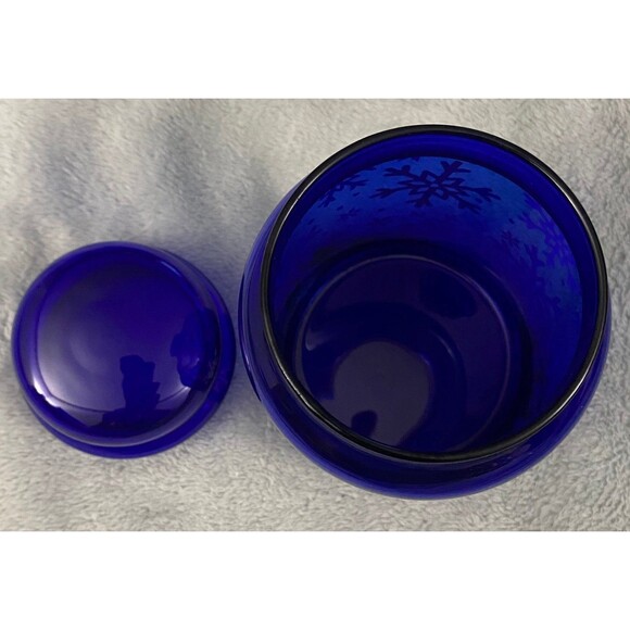 Libbey Cobalt Blue Glass 7" Apothecary Jar Canister & Lid Christmas Snowflakes - Picture 6 of 7